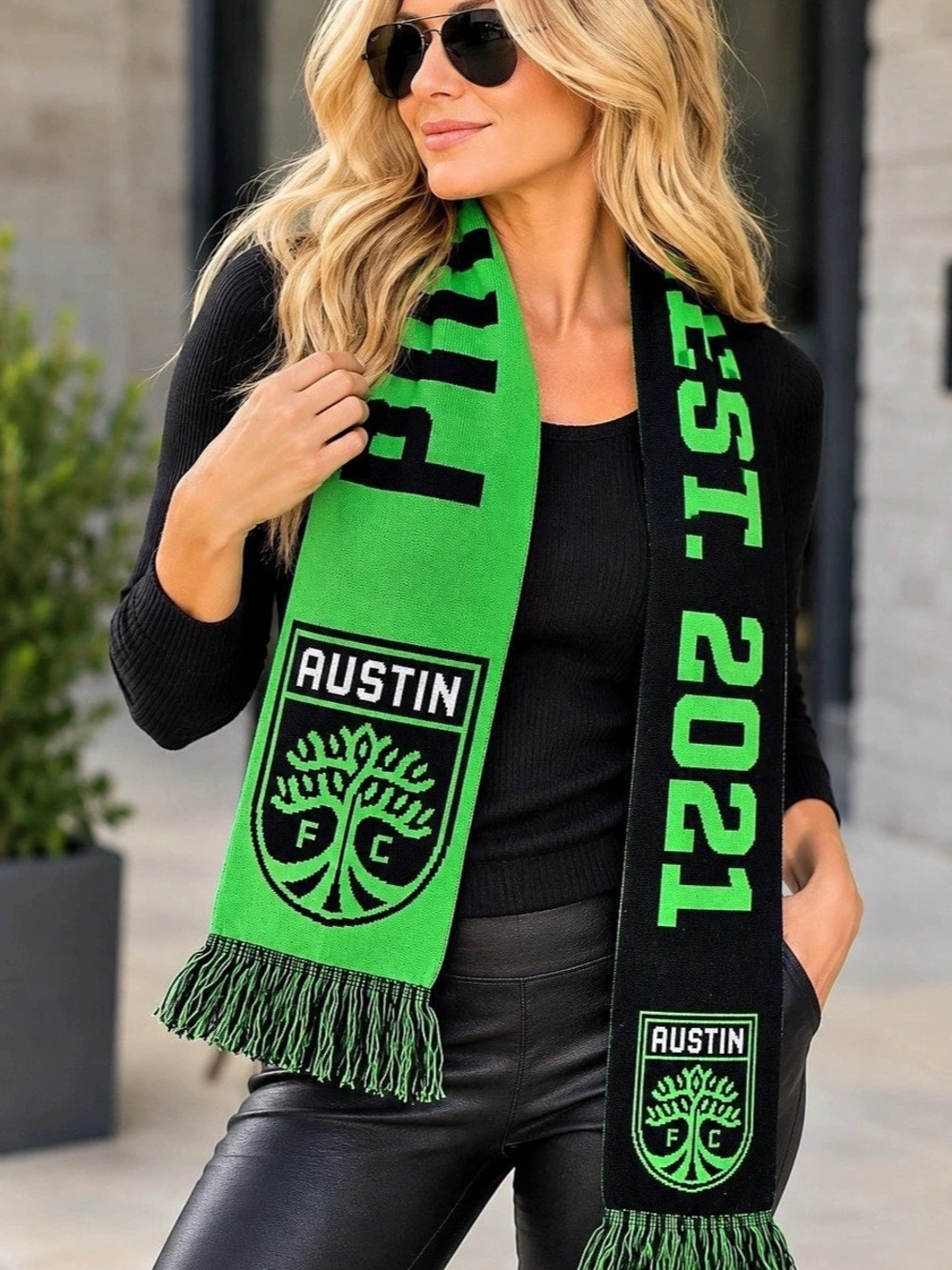 Austin FC EST. 2021 Knit Soccer Scarf Green & Black
